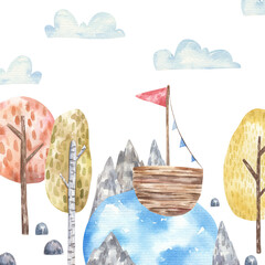 Paysage avec montagnes, arbres, lac et bateau, jolie illustration aquarelle pour enfants, design, impression, art mural