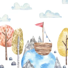 Crédence de cuisine en verre imprimé Chambre de bébé Paysage avec montagnes, arbres, lac et bateau, jolie illustration aquarelle pour enfants, design, impression, art mural