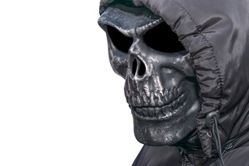 Man in death costume for Halloween holiday, isolate on white background