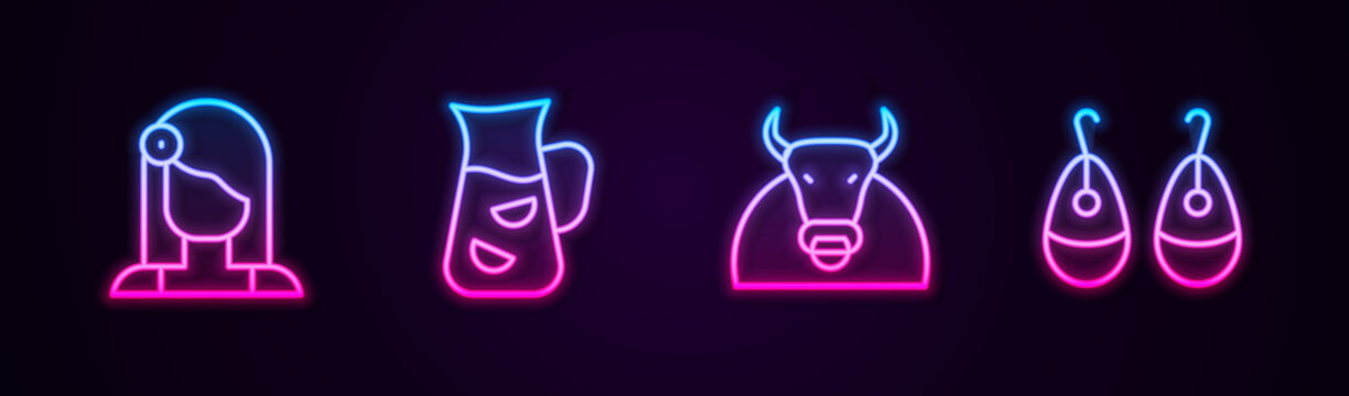 Set line Spanish woman, Sangria, Bull and Earrings. Glowing neon icon. Vector