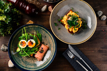 French toast brioche, Sandwich with salmon, Light morning Breakfast in restaurant