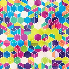 Seamless pattern of hexagons in random colors in watercolor. High quality illustration. Tile mosaic arrangement of triangles, trapezoids, and hexagons, in honeycomb arrangement. Design for print.
