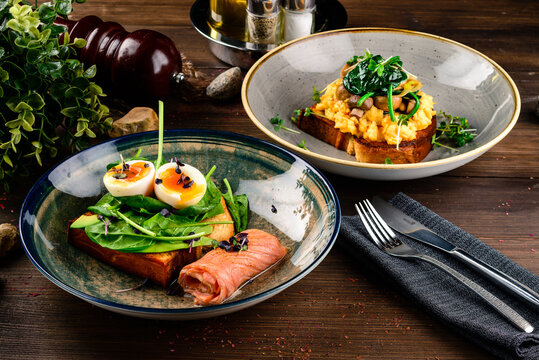 French toast brioche, Sandwich with salmon, Light morning Breakfast in restaurant