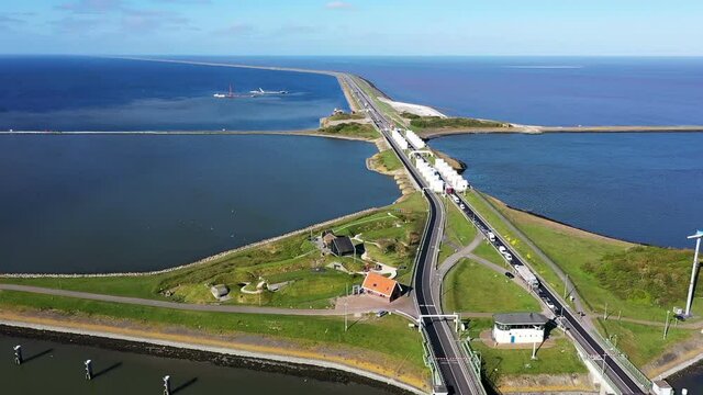 Aerial from sluices at Kornwerderzand at the Afsluitdijk in the Netherlands