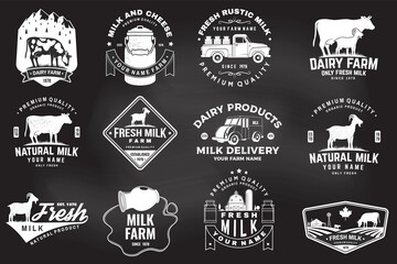 Dairy farm. Only fresh milk badge, logo on the chalkboard. Vector. Typography design with cow , goat silhouette. Template for dairy and milk farm business - shop, market, packaging and menu