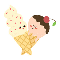 Two ice creams. Ice cream cone and ice cream ball. Cute character, friendship. Design element, badge, print. Isolated vector illustration.