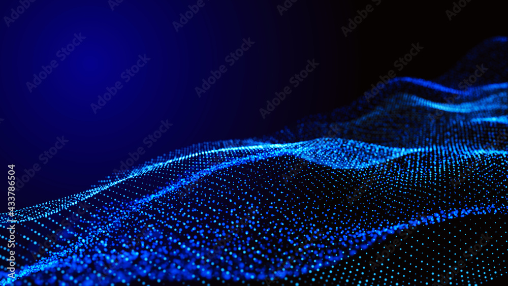 Poster Abstract digital background. Futuristic wave of dots and weave lines. Digital technology. 3d rendering.
