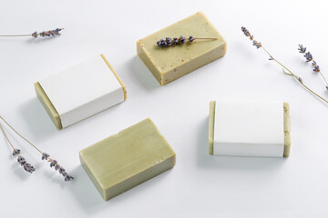 closeup of natural herbal soap mockup with lavender - obrazy, fototapety, plakaty