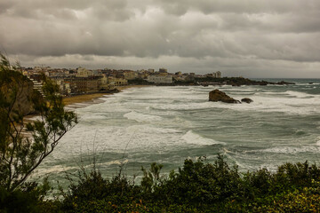 Seaside on a cloudy stormy day in Biarritz, france - obrazy, fototapety, plakaty