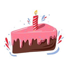 tasty piece of birthday cake with candle, hand drawn vector clipart