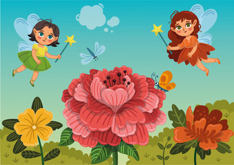 Two cute fairies flying near flowers. Vector illustration.
