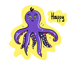 Vector cartoon violet octopus on the yellow background. Baby, children print, illustration. Happy emotion or feeling