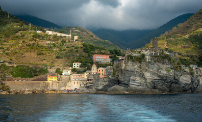 Village of vernazza at the edge of the cliff Riomaggiore, Cinque Terre, Liguria, Italy