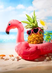 Fotobehang Pink inflatable flamingo and hipster pineapple in sunglasses..Summer pool float party idea. Summer creative concept. © Svetlana Kolpakova