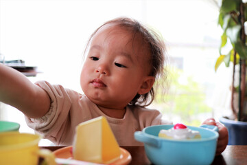 リビングで遊ぶ1歳児
