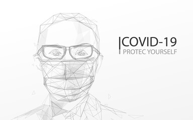 A person wearing protection face mask against coronavirus. lines, triangles and particle style design. Vector illustration