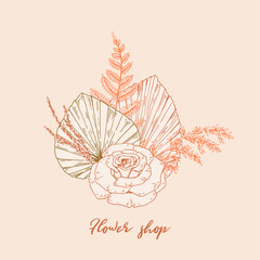 Hand drawn modern flower bouquet with rose, dried palm leaves and pampas grass. Vector illustration in sketch style