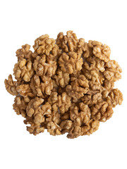 Shot of a pile of decorticated walnuts from above. Isolated on white, flat lay composition. Nutrition, diet, healthy, nuts, vegetarian, vegan