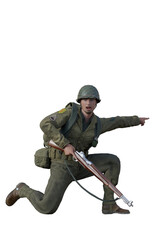 Historical American soldier of World War 2 yelling and pointing. Digital illustration. D-day era storming the beaches. Isolated on white.