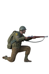 Historical American soldier of World War 2 holding a rifle. Digital illustration. D-day era storming the beaches. Isolated on white.