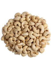 Shot of a pile of decorticated cashew nuts from above. Isolated on white, flat lay composition. Nutrition, diet, healthy, nuts, snack, vegetarian, vegan
