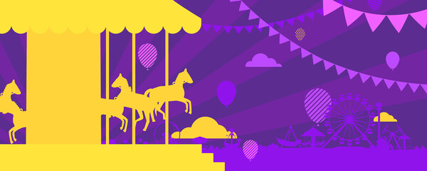 Vector illustration of the carnival funfair design with amusement park attractions background.