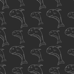 Seamless pattern with cute sharks.  Sea life. Vector illustration