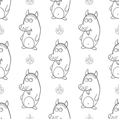 Seamless pattern with cute apple and wolf on white background. Vector illustration