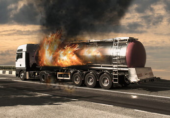 Gasoline tanker, Tank in flames. Danger of explosion. 