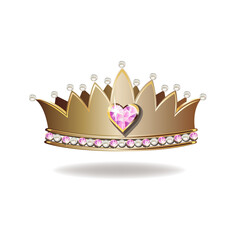 Princess crown or tiara with pearls and pink gems in the shape of a heart vector illustration isolated on white background. © liana2012
