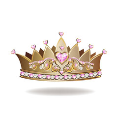 Princess crown or tiara with pearls and pink gems in the shape of a heart vector illustration isolated on white background. © liana2012