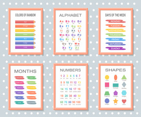 Set of educational posters in frame for preschool. Vector illustration