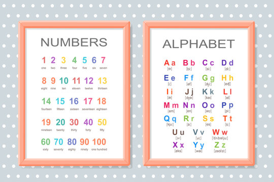 Set of educational posters of alphabet and numbers in frame. Vector illustration