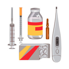  Medical set of insulin and conventional syringes, packaging with pills in a blister, a bottle with a solution, an ampoule and an electronic thermometer. Vector  flat elements isolated on white. 