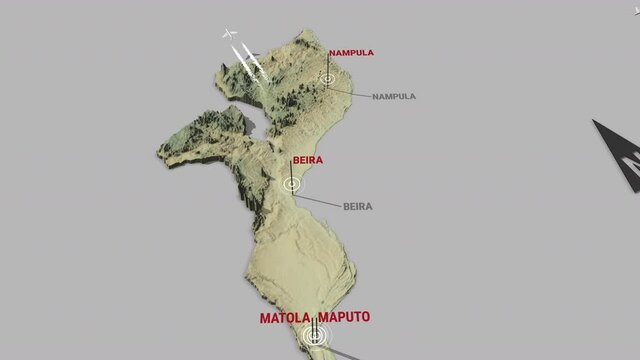 Seamless looping animation of the 3d terrain map of Mozambique with the capital and the biggest cites in 4K resolution