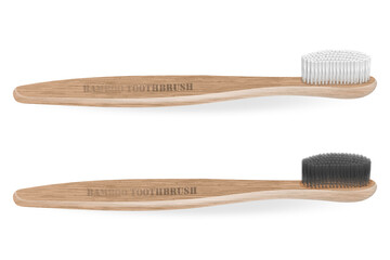 Bamboo toothbrushes.Zero waste, Carbon brush set, black bristles. Charcoal. Biodegradable material. Eco-friendly products. Isolated on white background. Vector illustration.