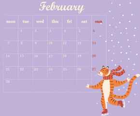 Multicolored February 2022 Monthly Planner with illustration of a cute tiger wearing a scarf ice skating under snow flakes. A table with a calendar for January 2022 and a place to take notes. Vector i