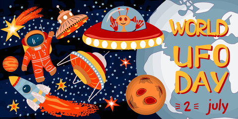 Fototapeta premium World UFO Day banner or poster with flying saucers, alien, comet, stars,astronaut,planet and rocket.Flat cartoon style decorative elements on the space theme with text.Vector template for design.