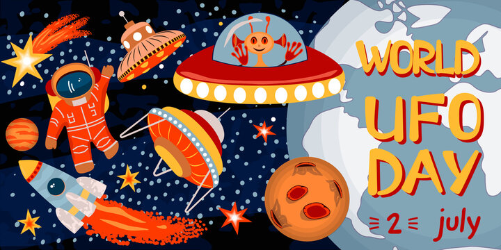 World UFO Day banner or poster with flying saucers, alien, comet, stars,astronaut,planet and rocket.Flat cartoon style decorative elements on the space theme with text.Vector template for design.