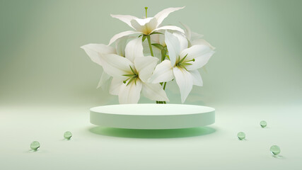 3D rendering flower background Green color with geometric shape podium for product display, minimal concept, Premium illustration pastel floral elements, beauty, cosmetic, valentines day