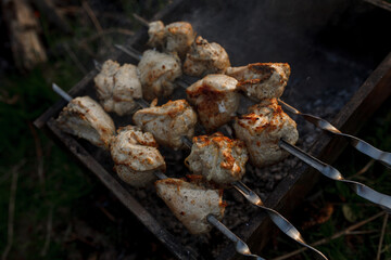 The meat is fried on a street grill. Meat and grill.