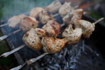 The meat is fried on a street grill. Meat and grill.