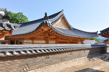 Fototapeta na wymiar Traditional buildings and wall at Haeinsa Temple, Mount Gaya, Gayasan National Park, South Korea.