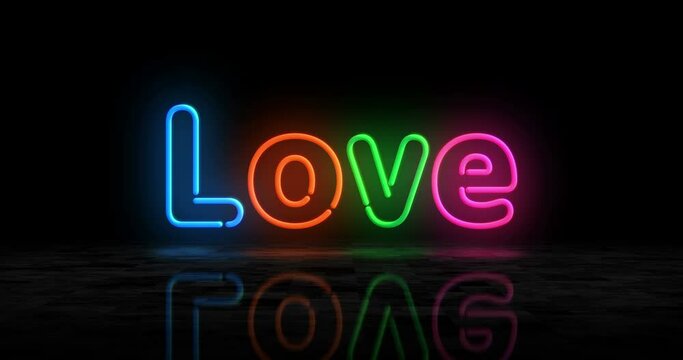 Love symbol neon glowing symbol. Light color bulbs with romantic tech sign. Abstract concept 3d animation.