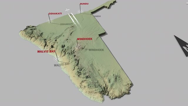 Seamless looping animation of the 3d terrain map of Namibia with the capital and the biggest cites in 4K resolution