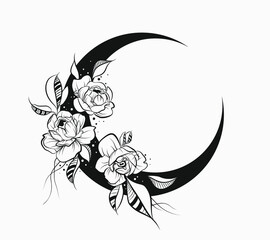Flower moon, сelestial , crescent moon , floral clipart, tshirt design © Jackson Cadillac