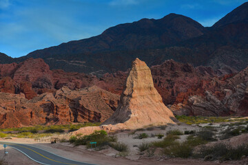 El Obelisco, a sandstone formation, during sundown, Quebrada de las Conchas, or Quebrada de Cafayate, Salta, northwest Argentina