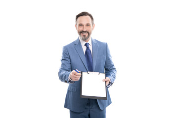 happy mature realtor in suit offering to sign contract folder documents isolated on white, contract.