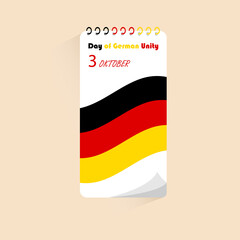 Day of German Unity October 3. Vector illustration in the colors of the national flag. Calendar page with the date of the holiday. Poster, banner, sign.