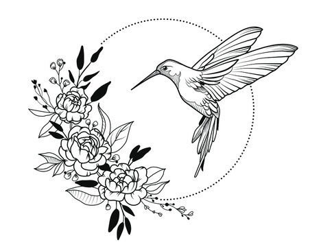 recommend clip art: Hummingbird, Wreath with peony, Flying bird, vector illustration